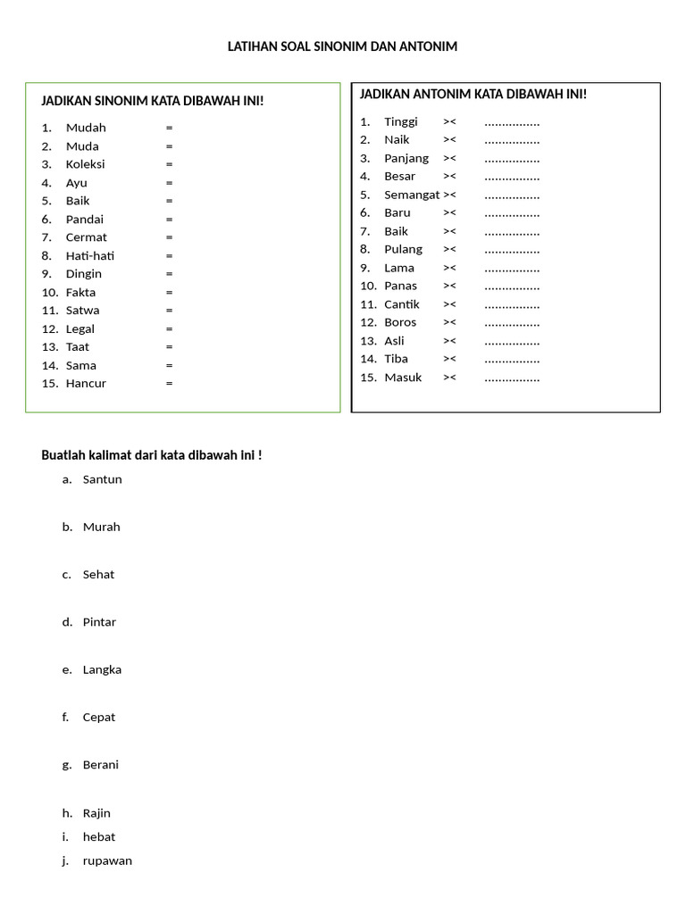 Latihan Sinonim dan Antonim Kata PDF Latihan Sinonim dan Antonim Kata PDF