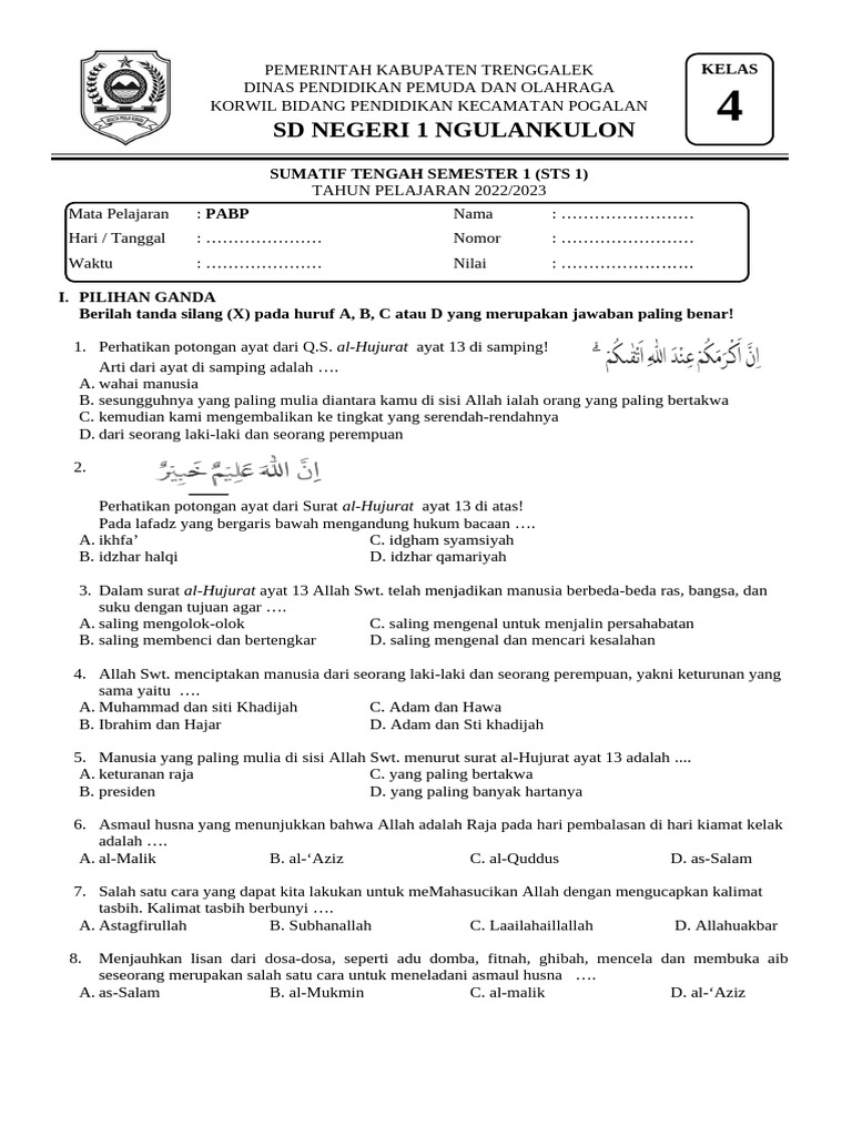 STS 1 PABP Kelas 4 Soal dan Kunci PDF STS 1 PABP Kelas 4 Soal dan Kunci PDF