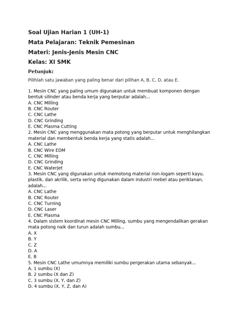 5 Contoh Esay Soal CNC Kelas 3 dan Jawaban Ternyata Mudah Dipahami