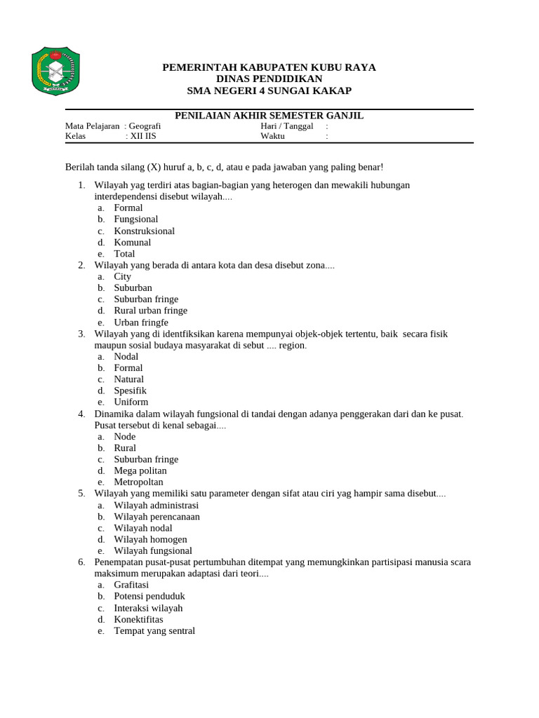 Soal Geografi Kelas XII Semester Ganjil PDF