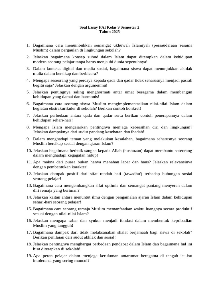 Soal Essay PAI Kelas 9 Semester 2 PDF Soal Essay PAI Kelas 9 Semester 2 PDF