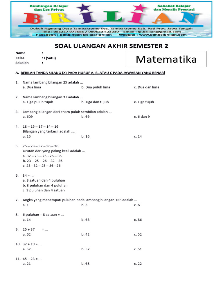 Soal UAS Matematika Kelas 1 SD PDF Soal UAS Matematika Kelas 1 SD PDF