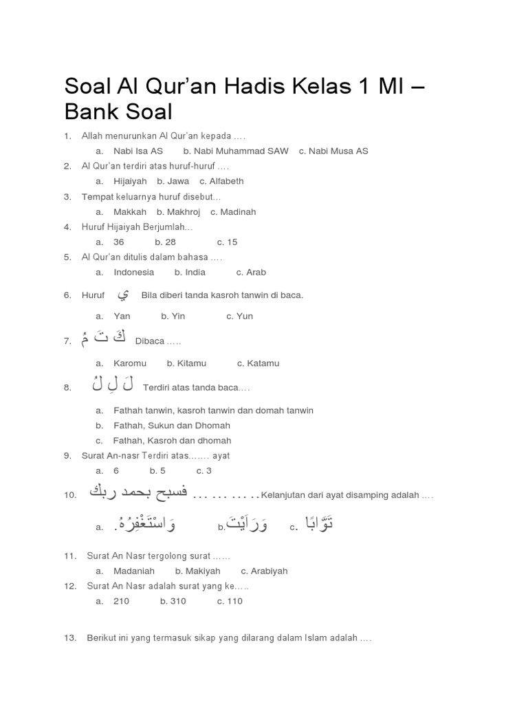 7 Contoh Kisi-Kisi Soal Qur’an Hadits Kelas 1 MI yang Wajib Diketahui