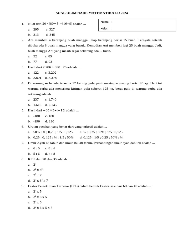 7 Lembar Kerja Soal Olimpiade Matematika SD Kelas 2 PDF Siap Cetak, Wajib Tahu Sebelum Latihan