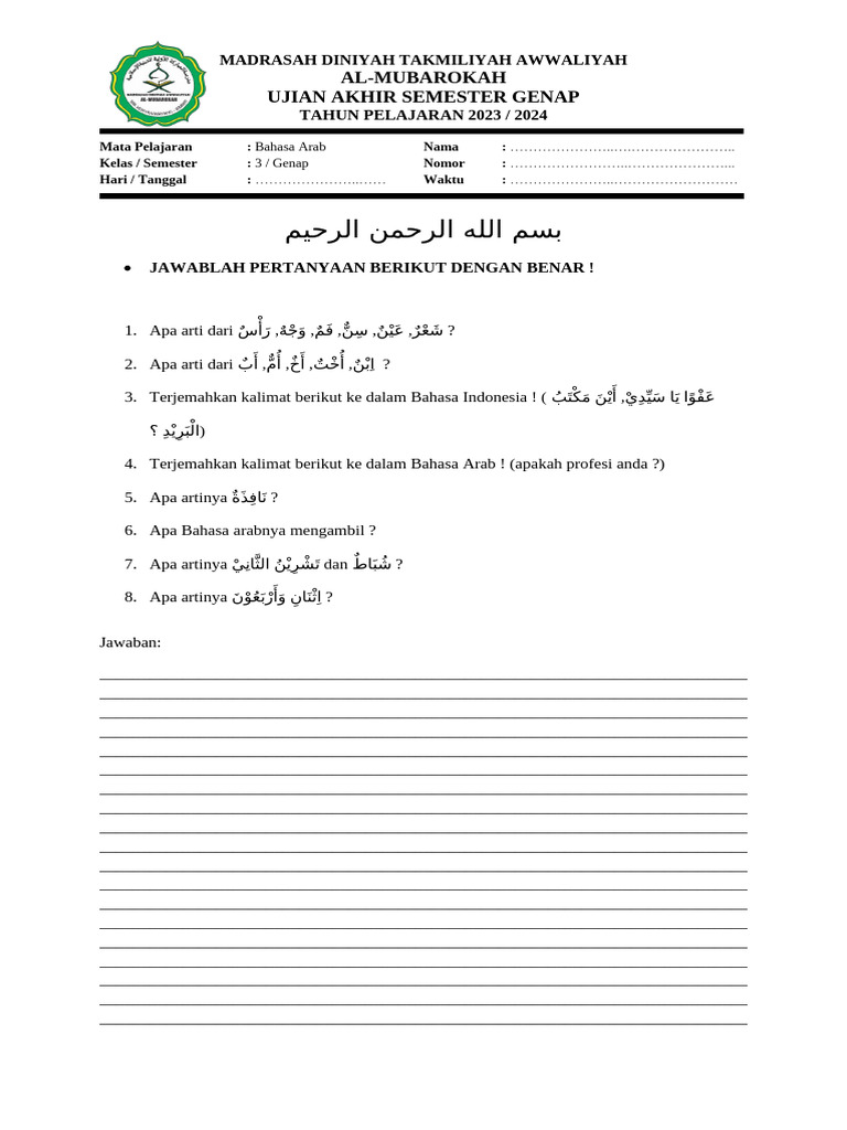 7 Rahasia Menguasai Soal Bahasa Arab Madrasah Diniyah Kelas 3 plus Sholawat Maulid