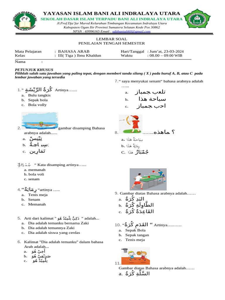 7 Soal Bahasa Arab SDIT Kelas 3 yang Sering Bikin Siswa Ternyata Terjebak