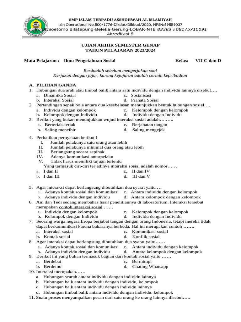 Soal Ips Kelas 7 Semester 2 2024 PDF