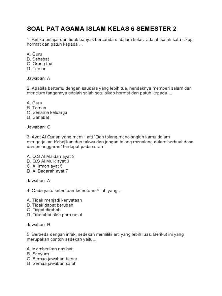 Wajib Tahu Bocoran Soal Agama Islam SD Kelas 6 Ulangan Akhir Semester 2 Agar Nilai Sempurna