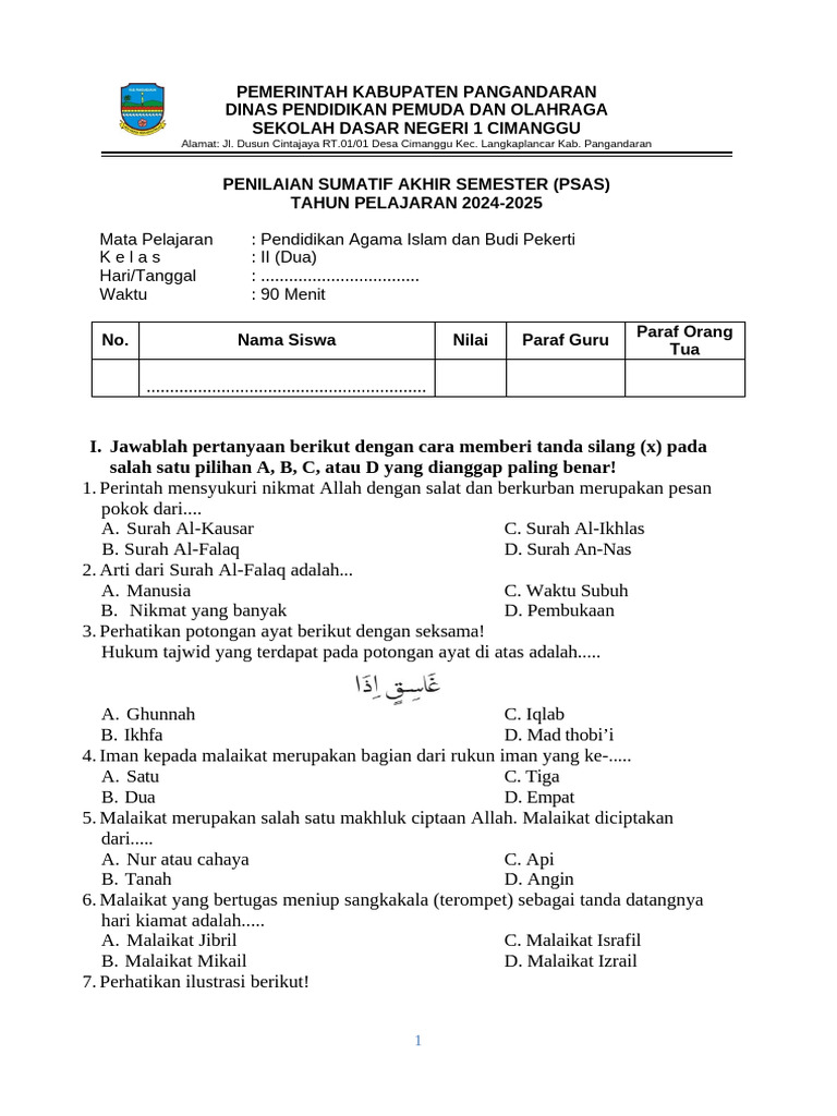 Wajib Tahu! Inilah Kumpulan Soal UTS PAI Kelas 2 Semester 2 Tahun 2020 Terbaru