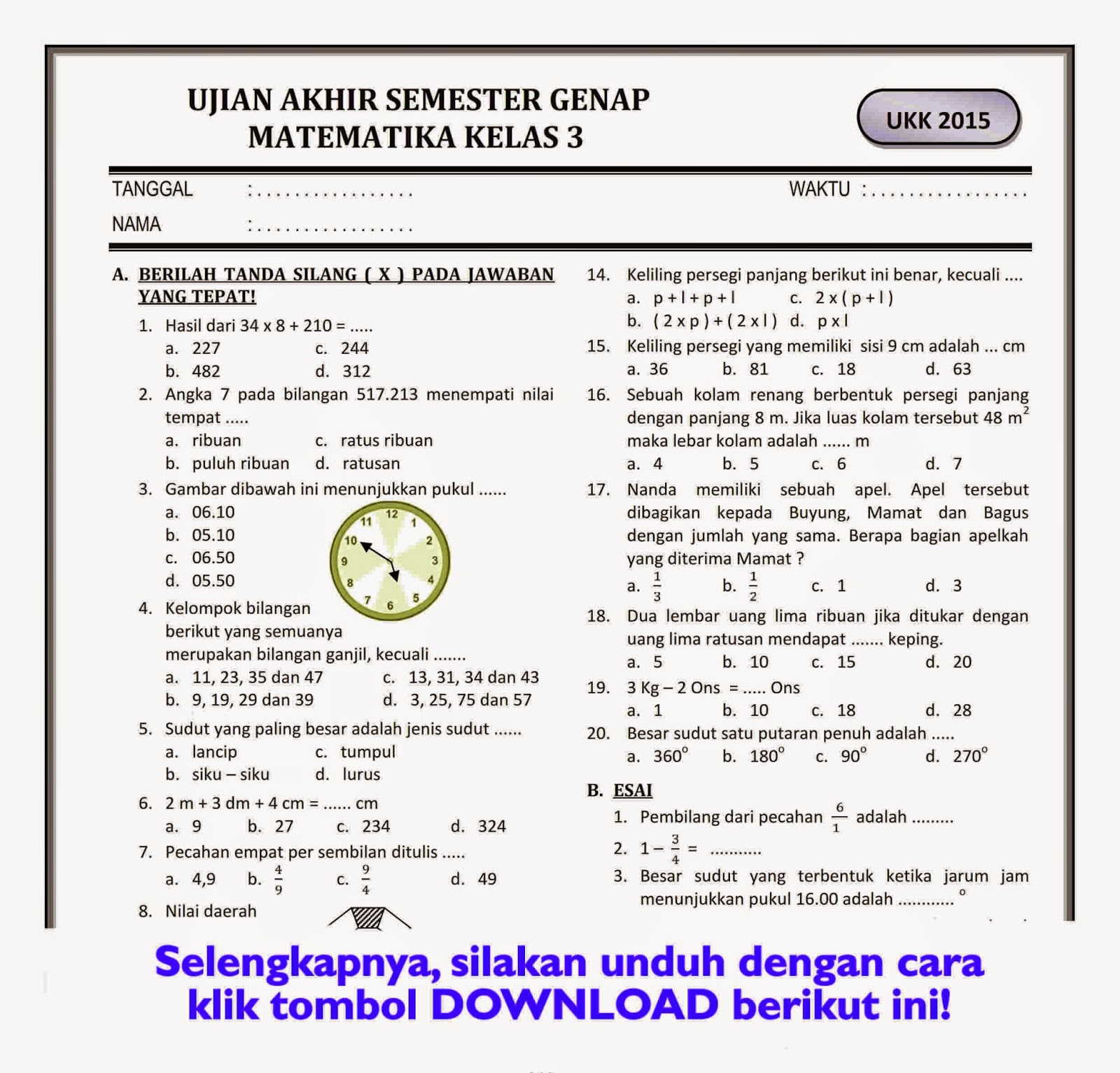 Wajib Tahu Kumpulan Soal UTS Matematika Kelas 3 SD Semester 2 Agar Nilai Anak Maksimal Wajib Tahu Kumpulan Soal UTS Matematika Kelas 3 SD Semester 2 Agar Nilai Anak Maksimal