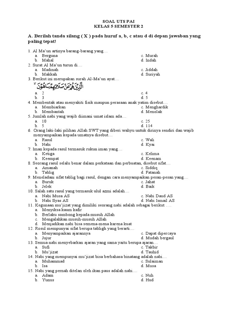 Wajib Tahu! Kumpulan Soal UTS PAI Kelas 5 Semester 2 Ini Bisa Bikin Nilai Langsung Melejit