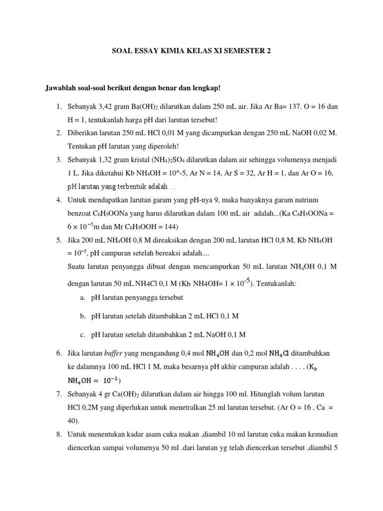 contoh soal essay kimia kelas 10 semester 2
