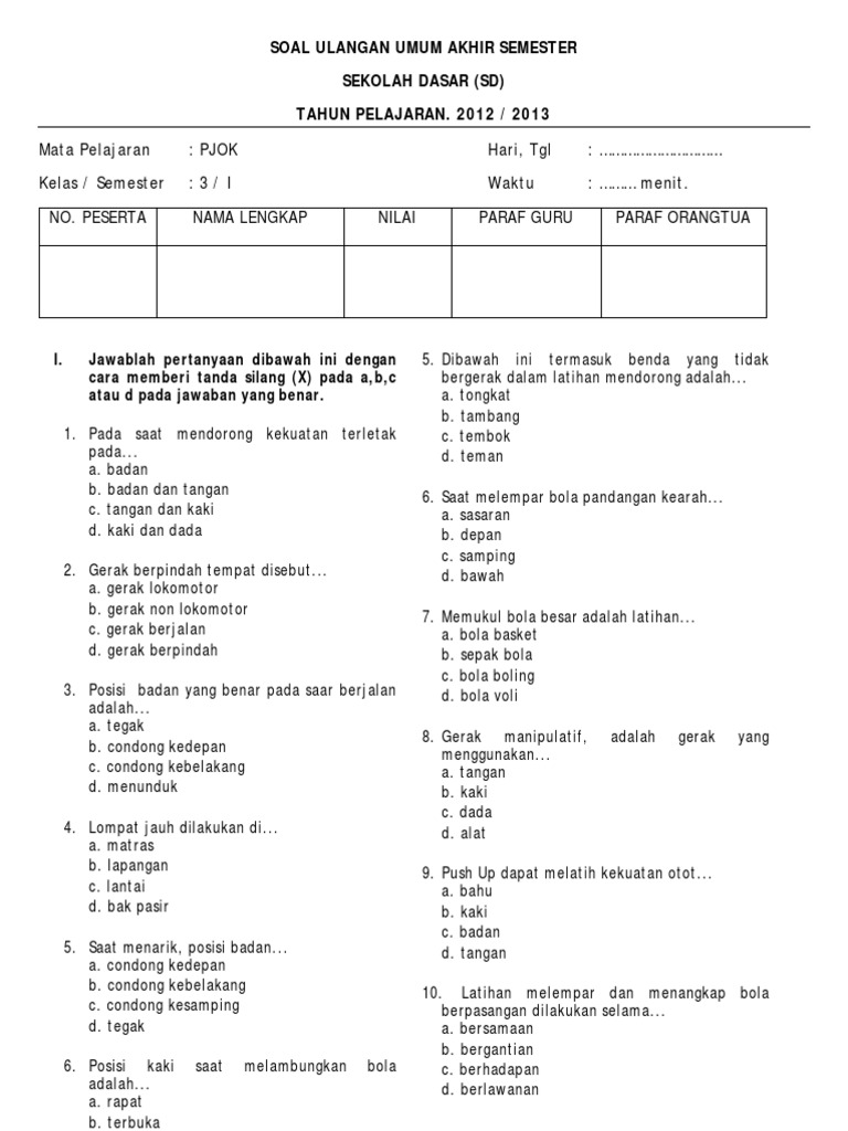 contoh soal kd 3.8 pjok kelas 3