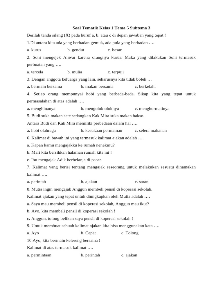 contoh soal kelas 1 tema 5 subtema 3 contoh soal kelas 1 tema 5 subtema 3