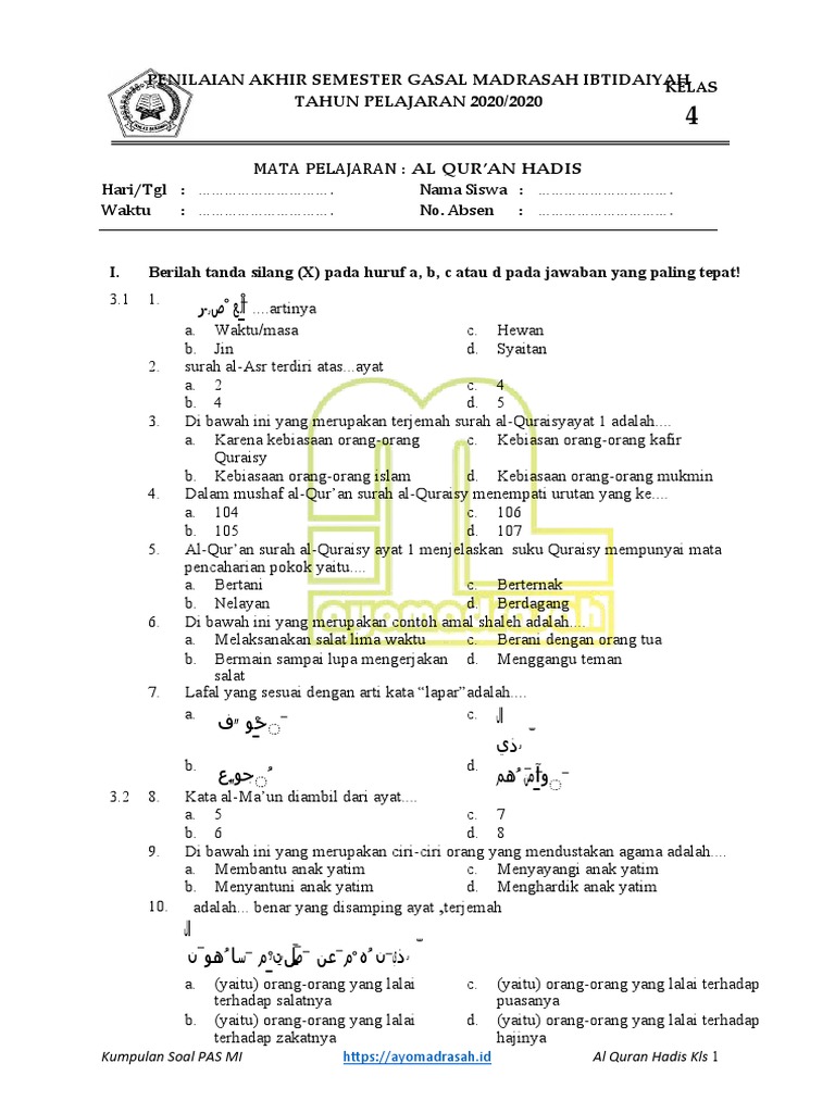 soal al-qur’an hadits kelas 4 semester 1 dan kunci jawaban: Menghadapi Ujian Qadarullah
